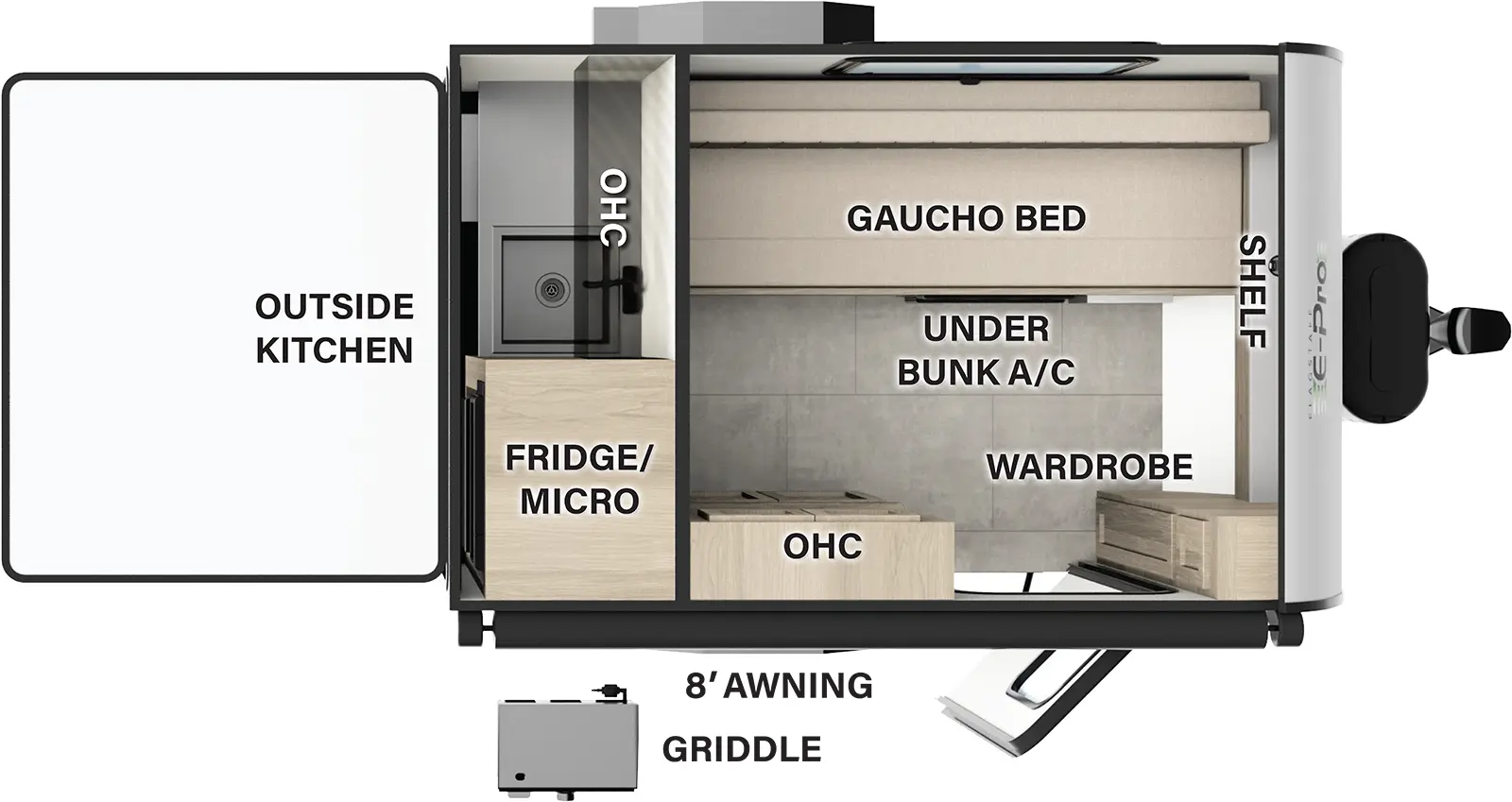 The Flagstaff E-Pro E12SA has one entry and zero slide outs. Exterior features include: fiberglass exterior, 8' awning and outside kitchen. 